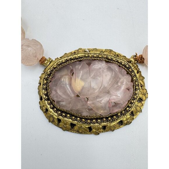 Vintage Antique Carved Rose Quartz Gold Tone Ornate Filigree Collar Necklace 14” - Picture 8 of 14